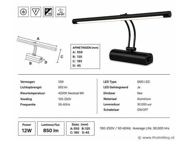 2 x led spiegel / schilderijlamp 12w – 4200k neutraal wit - zwart – ip45 – anka-12 - afbeelding 4 van  5