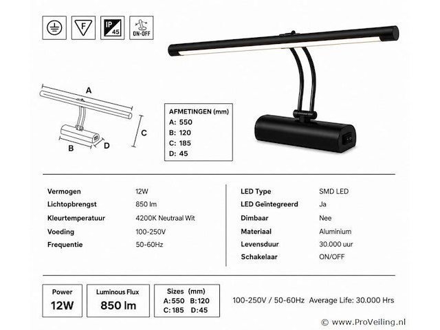 2 x led spiegel / schilderijlamp 12w – 4200k neutraal wit - zwart – ip45 – anka-12 - afbeelding 4 van  5