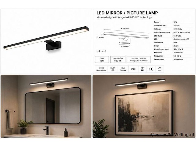 2 x led spiegel / schilderijlamp 12w – 4200k neutraal wit - zwart – ip45 – leylek-12 - afbeelding 5 van  5