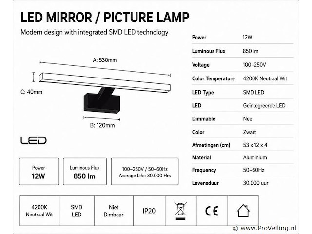 2 x led spiegel / schilderijlamp 12w – 4200k neutraal wit - zwart – ip45 – leylek-12 - afbeelding 4 van  5