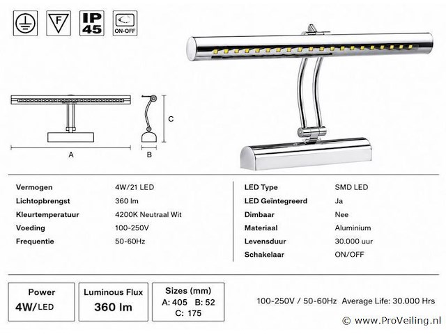 2 x led spiegel / schilderijlamp 4w – 4200k neutraal wit - chroom – ip45 – flamingo-4 - afbeelding 4 van  5