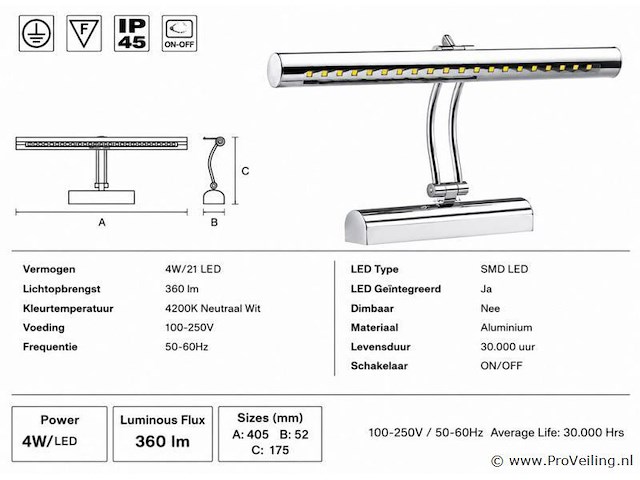 2 x led spiegel / schilderijlamp 4w – 4200k neutraal wit - chroom – ip45 – flamingo-4 - afbeelding 4 van  5