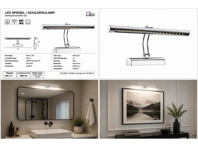 2 x led spiegel / schilderijlamp 4w – 4200k neutraal wit - chroom – ip45 – flamingo-4 - afbeelding 5 van  5