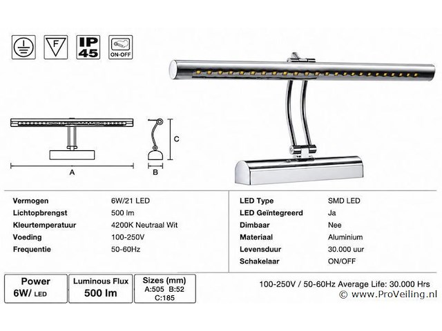 2 x led spiegel / schilderijlamp 6w – 4200k neutraal wit - chroom – ip45 – flamingo-6 - afbeelding 4 van  5
