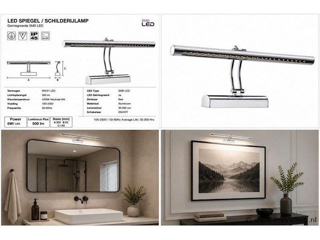 2 x led spiegel / schilderijlamp 6w – 4200k neutraal wit - chroom – ip45 – flamingo-6 - afbeelding 5 van  5