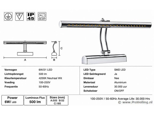 2 x led spiegel / schilderijlamp 6w – 4200k neutraal wit - chroom – ip45 – flamingo-6 - afbeelding 4 van  5