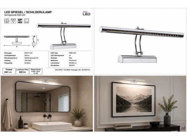 2 x led spiegel / schilderijlamp 6w – 4200k neutraal wit - chroom – ip45 – flamingo-6 - afbeelding 5 van  5
