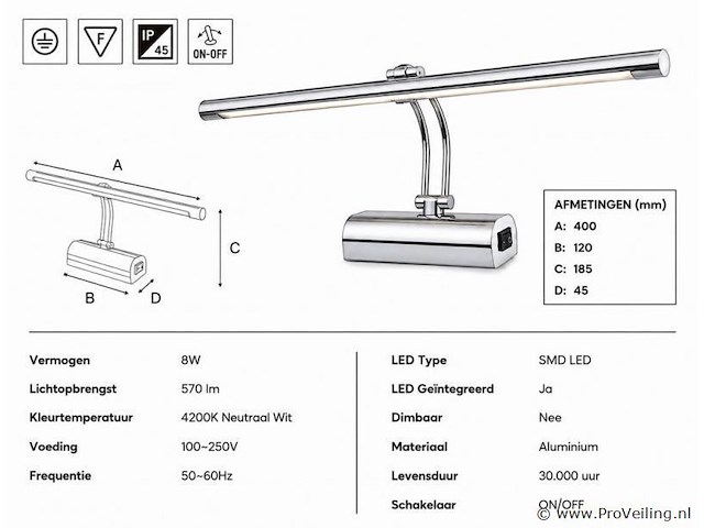 2 x led spiegel / schilderijlamp 8w – 4200k neutraal wit - chroom – ip45 – anka-8 - afbeelding 4 van  5