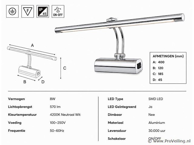 2 x led spiegel / schilderijlamp 8w – 4200k neutraal wit - chroom – ip45 – anka-8 - afbeelding 4 van  5