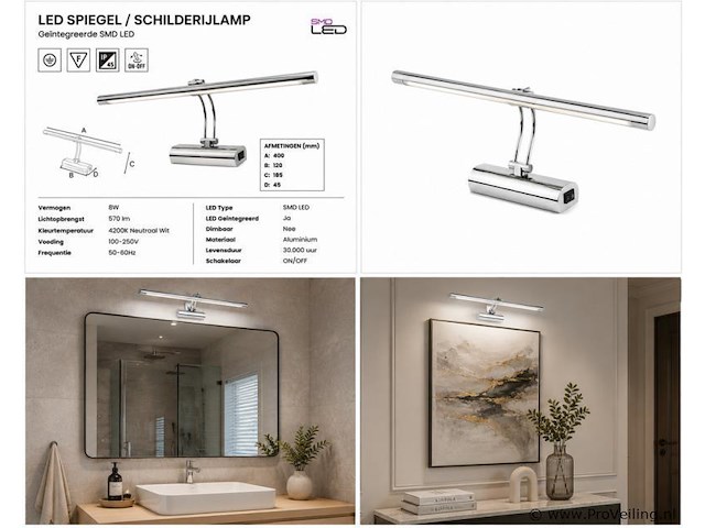 2 x led spiegel / schilderijlamp 8w – 4200k neutraal wit - chroom – ip45 – anka-8 - afbeelding 5 van  5