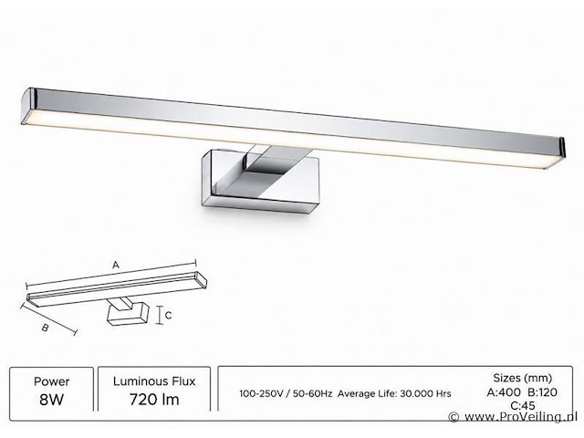 2 x led spiegel / schilderijlamp 8w – 4200k neutraal wit - chroom – ip45 – leylek-8 - afbeelding 2 van  5