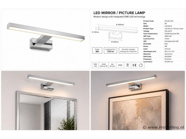 2 x led spiegel / schilderijlamp 8w – 4200k neutraal wit - chroom – ip45 – leylek-8 - afbeelding 5 van  5