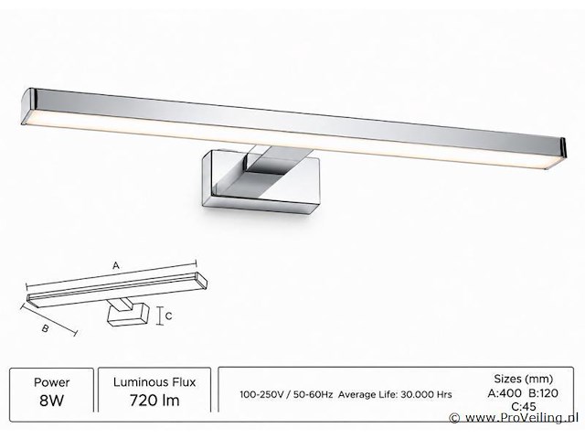 2 x led spiegel / schilderijlamp 8w – 4200k neutraal wit - chroom – ip45 – leylek-8 - afbeelding 2 van  5