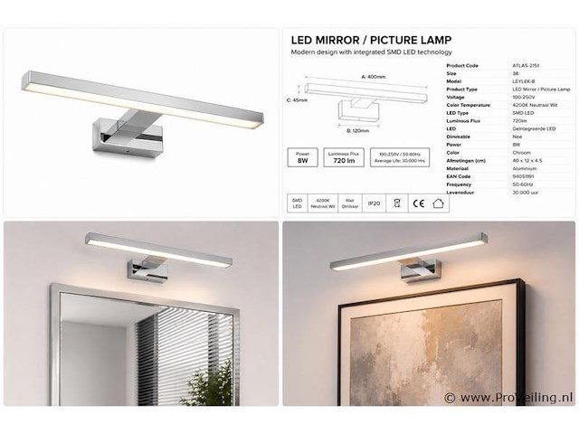 2 x led spiegel / schilderijlamp 8w – 4200k neutraal wit - chroom – ip45 – leylek-8 - afbeelding 5 van  5