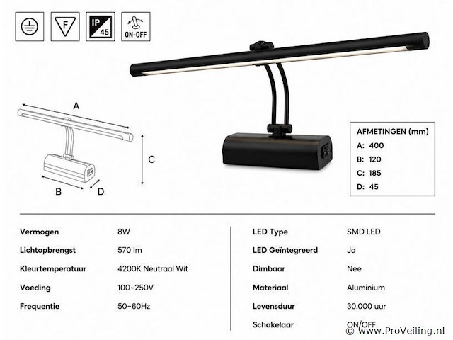 2 x led spiegel / schilderijlamp 8w – 4200k neutraal wit - zwart – ip45 – anka-8 - afbeelding 4 van  5