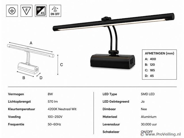 2 x led spiegel / schilderijlamp 8w – 4200k neutraal wit - zwart – ip45 – anka-8 - afbeelding 4 van  5