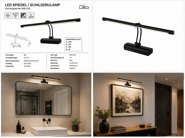 2 x led spiegel / schilderijlamp 8w – 4200k neutraal wit - zwart – ip45 – anka-8 - afbeelding 5 van  5