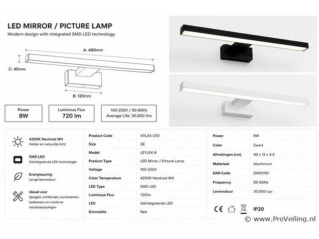 2 x led spiegel / schilderijlamp 8w – 4200k neutraal wit - zwart – ip45 – leylek-8 - afbeelding 4 van  5