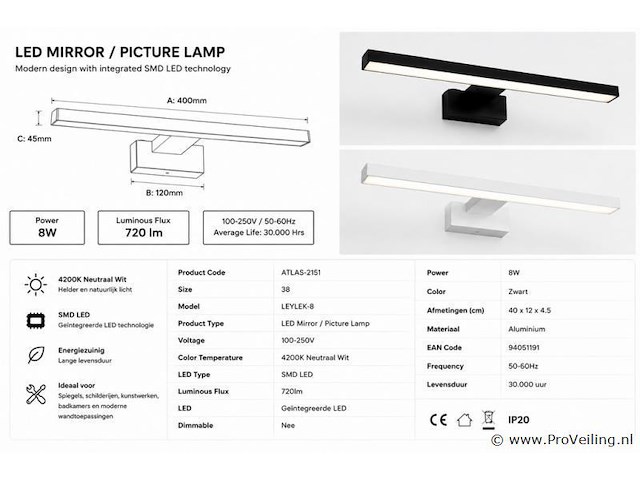 2 x led spiegel / schilderijlamp 8w – 4200k neutraal wit - zwart – ip45 – leylek-8 - afbeelding 4 van  5