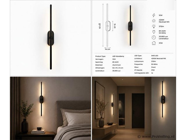 2 x led wandlamp 10w – 4200k neutraal wit - zwart – ip20 – salda-10 - afbeelding 5 van  5