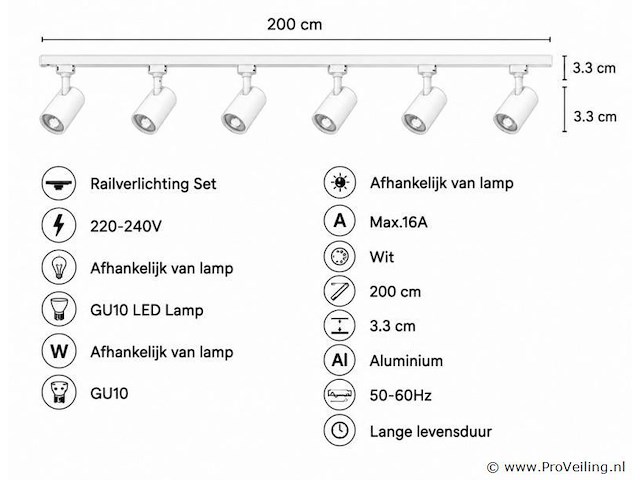 20 x 1-fase railverlichting set – 2 meter – wit – inclusief 6 x gu10 railspots - afbeelding 4 van  5