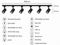 20 x 1-fase railverlichting set – 2 meter – zwart – inclusief 6 x gu10 railspots - afbeelding 4 van  5