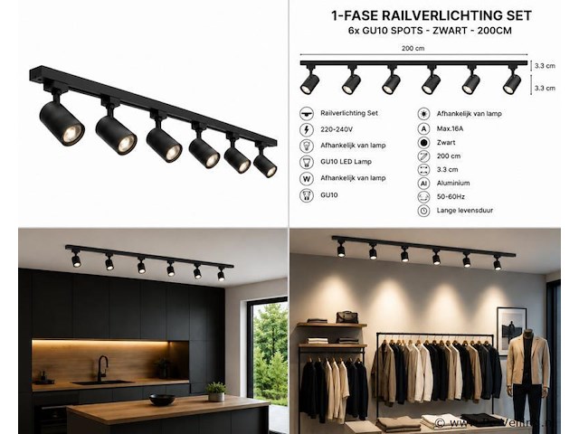 20 x 1-fase railverlichting set – 2 meter – zwart – inclusief 6 x gu10 railspots - afbeelding 5 van  5