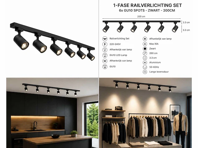 20 x 1-fase railverlichting set – 2 meter – zwart – inclusief 6 x gu10 railspots - afbeelding 5 van  5