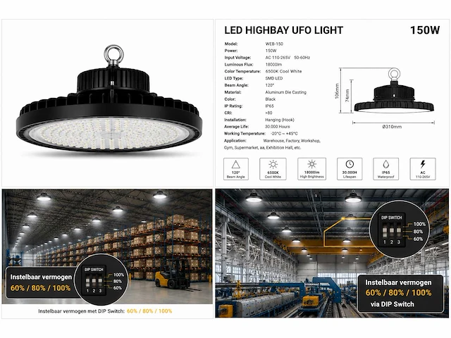 20 x led highbay ufo pro 150w – instelbaar 60% / 80% / 100% – 6500k – web-150 - afbeelding 6 van  6