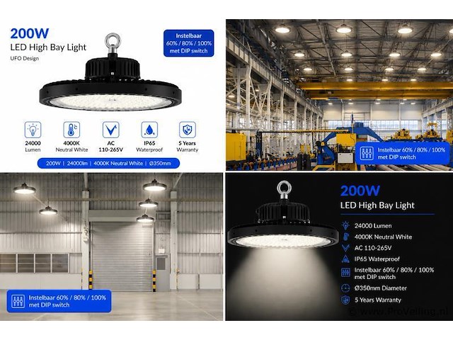 20 x led highbay ufo pro 200w – instelbaar 60% / 80% / 100% – 4000k – web-200 - afbeelding 5 van  5