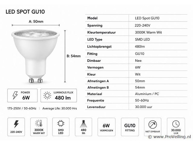 200 x led spot gu10 – 6w – 3000k warm wit – ip20 - afbeelding 3 van  4