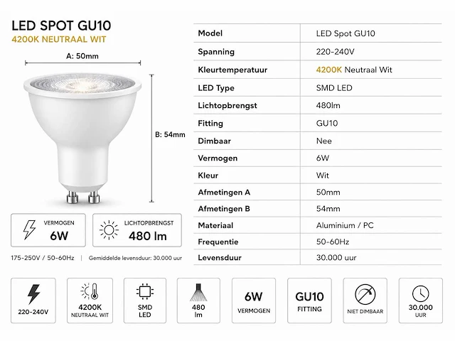 200 x led spot gu10 – 6w – 4200k neutraal wit – ip20 - afbeelding 3 van  4