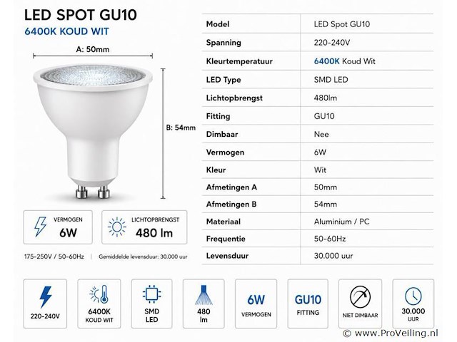 200 x led spot gu10 – 6w – 6400k koud wit – ip20 - afbeelding 3 van  4