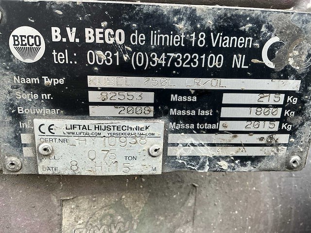 2000 beco 750l rl/ol betonkubel - afbeelding 8 van  8