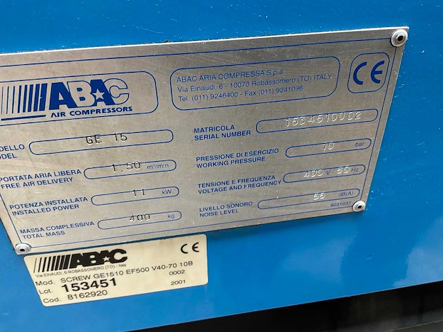 2001 abac genesis 1510 schroefcompressor - afbeelding 6 van  6