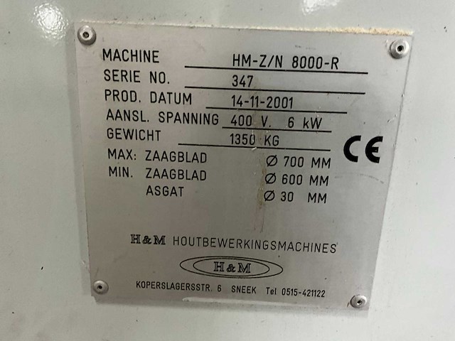 2001 h&m zn 8000r afkortcirkelzaagmachine - afbeelding 3 van  12