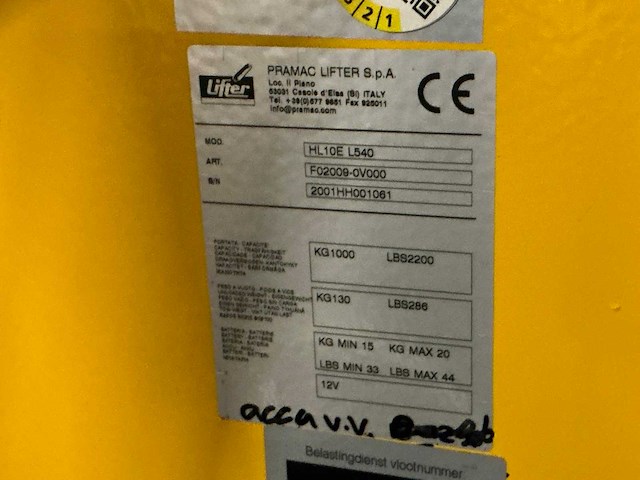 2001 pramac lifter hl10e l540 hoogheffende elektrische palletwagen - afbeelding 4 van  4