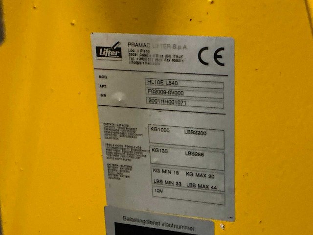 2001 pramac lifter hl10e l540 hoogheffende elektrische palletwagen - afbeelding 2 van  10