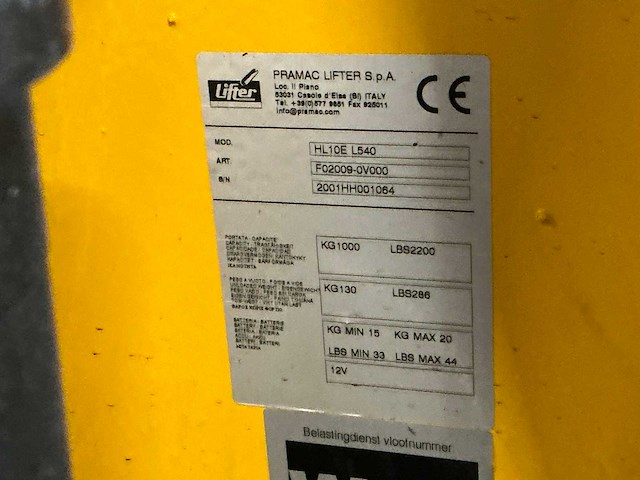 2001 pramac lifter hl10e l540 hoogheffende elektrische palletwagen - afbeelding 2 van  10
