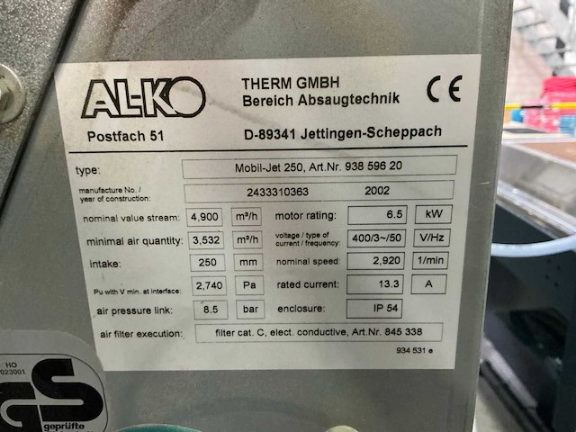 2002 al-ko mobil jet 250 mobiele stofafzuiging unit - afbeelding 14 van  26
