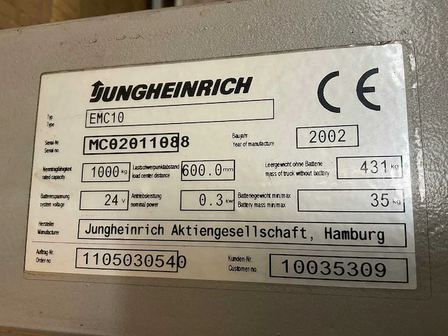 2002 jungheinrich emc10 stapelaar - afbeelding 9 van  9
