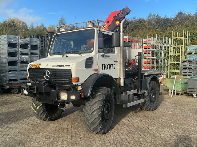 2002 mercedes-benz unimog u2150l met palfinger pk 9501 kraan en hoogwerkerbak - afbeelding 1 van  69