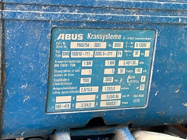 2003 abus gm5 2t elektrische kettingtakel met loopkat - afbeelding 5 van  6