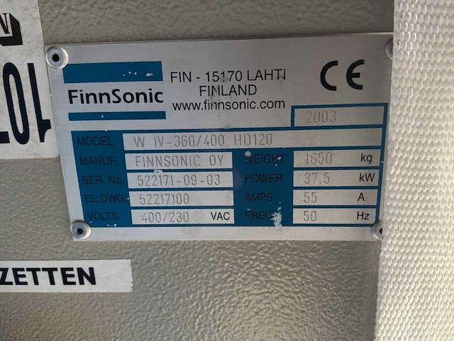 2003 finnsonic w iv-360/400 hd120 ultrasoon reinigingsmachine - afbeelding 6 van  6