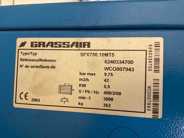 2003 grassair sfx750.10mt5 schroefcompressor - afbeelding 9 van  12