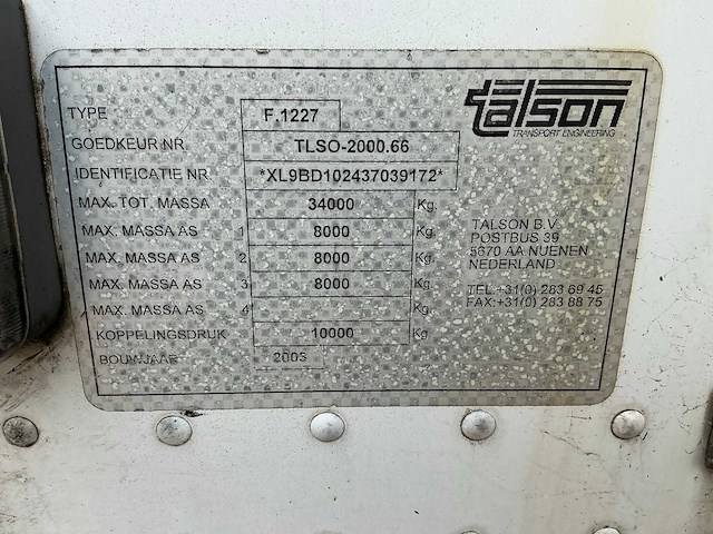 2003 talson f.1227 trailer oplegger - afbeelding 9 van  11