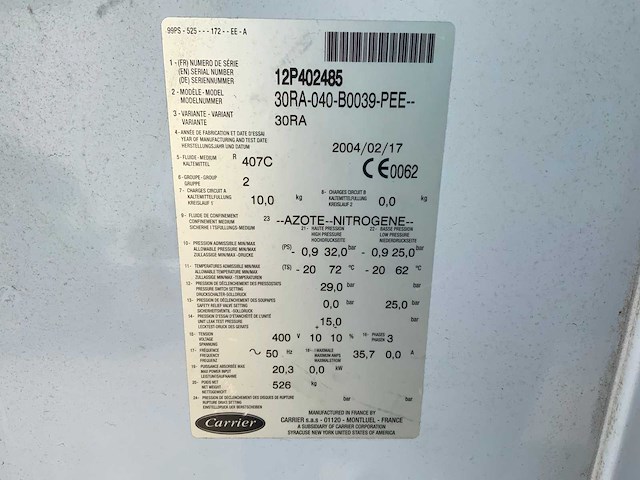 2004 carrier 30ra-040-b0039-pee chiller - afbeelding 8 van  9