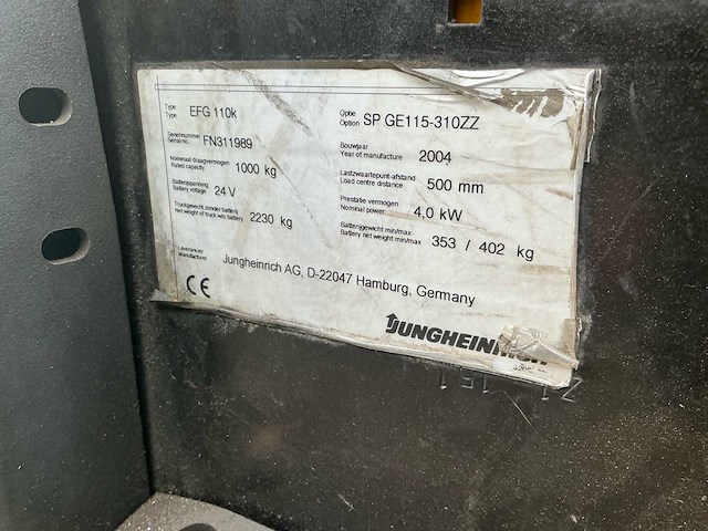 2004 jungheinrich efg 110k vorkheftruck - afbeelding 7 van  16