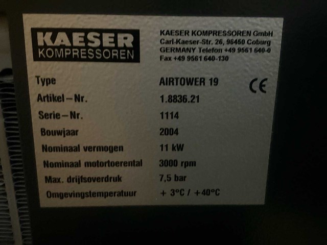 2004 kaeser airtower 19 schroefcompressor - afbeelding 2 van  11