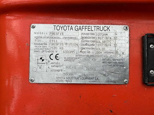 2004 toyota fbesf15 vorkheftruck - afbeelding 8 van  18